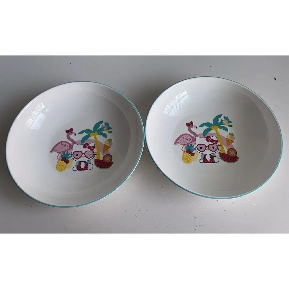 Set Of 2 Sanrio Hello Kitty Beach Summer Tropical Ceramic Pasta Dinner Bowls NEW